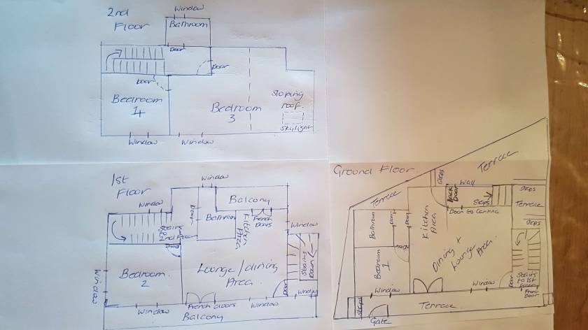 Rough hand drawn layout of chalet